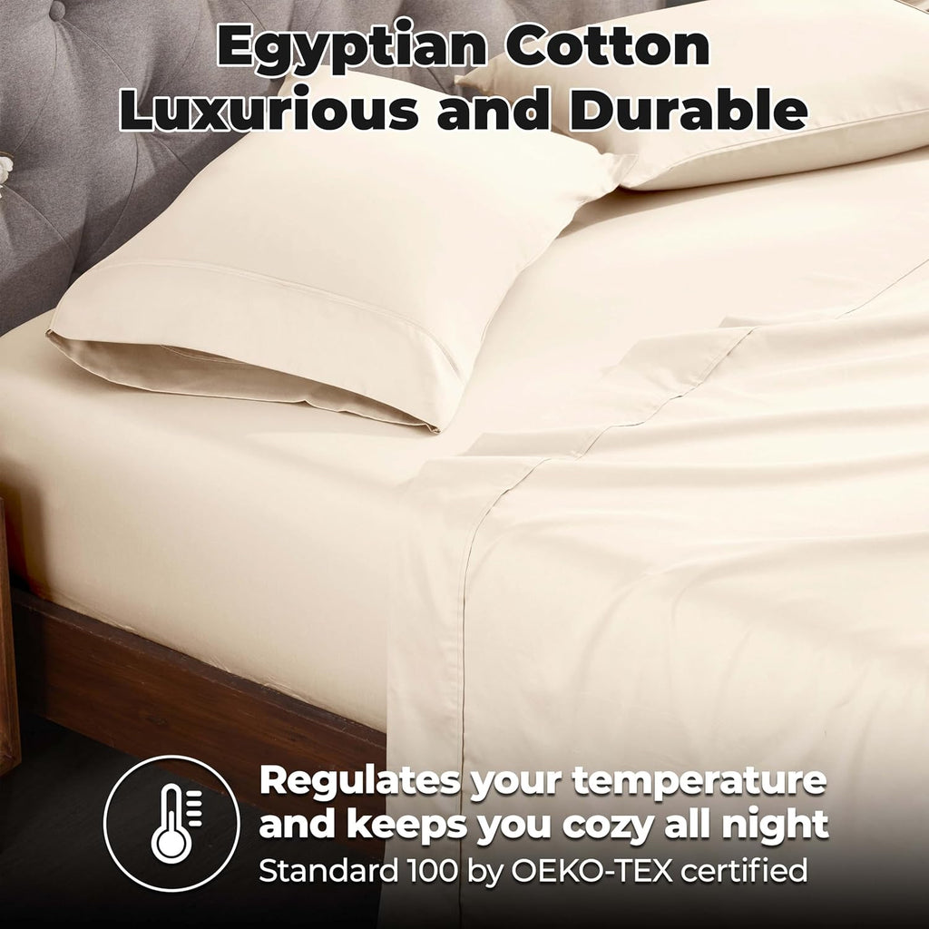 Superior Egyptian Cotton 400 Thread Count Bed Sheet Set, 1 Elastic Deep Pocket Fitted Sheet, 1 Flat Sheet, 2 Pillowcases, Soft Bedding, Luxury Sheets, Sateen Weave, Queen Size, Ivory