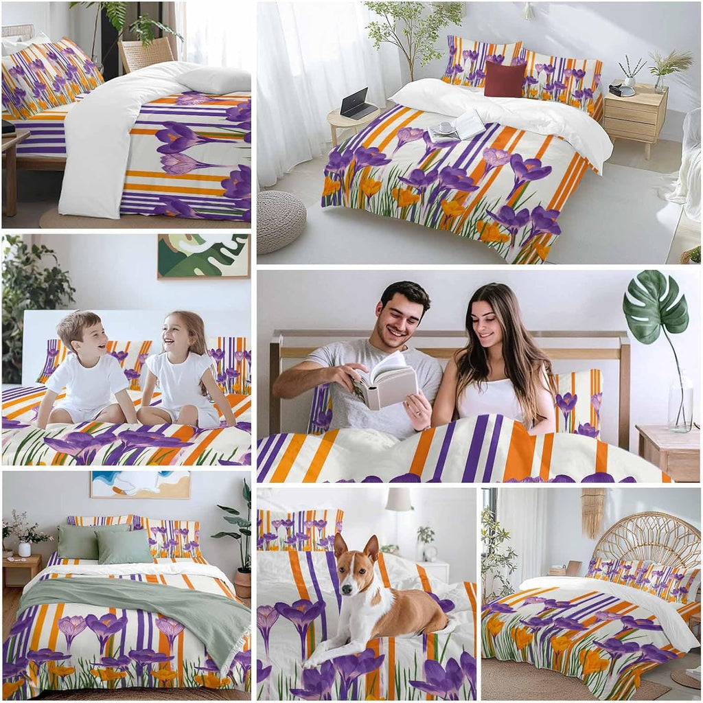 Spring Floral Duvet Cover Set Queen Size 4 Pieces Purple Yellow Gradient Flowers Colorful Stripe Bedding Set with Zipper Closure, 1 Comforter Cover 92x106 Inches 1 Flat Sheet & 2 Pillow Cases