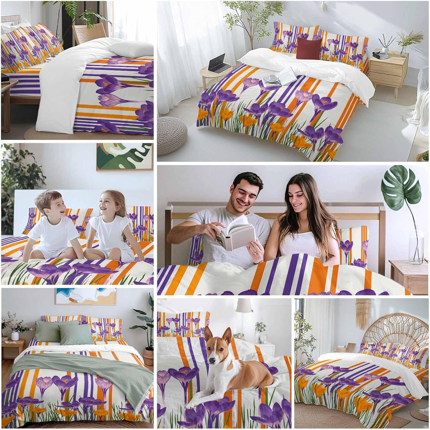 Spring Floral Duvet Cover Set Queen Size 4 Pieces Purple Yellow Gradient Flowers Colorful Stripe Bedding Set with Zipper Closure, 1 Comforter Cover 92x106 Inches 1 Flat Sheet & 2 Pillow Cases