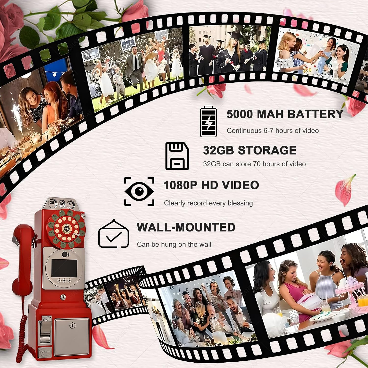 SHAHRYAR Audio Phone Guestbook, Unique Phone Voice Recorder, with 5000mah Battery Audio Guestbook Like Leaving A Voicemail Message, Preserve Your Special Occasions,Red