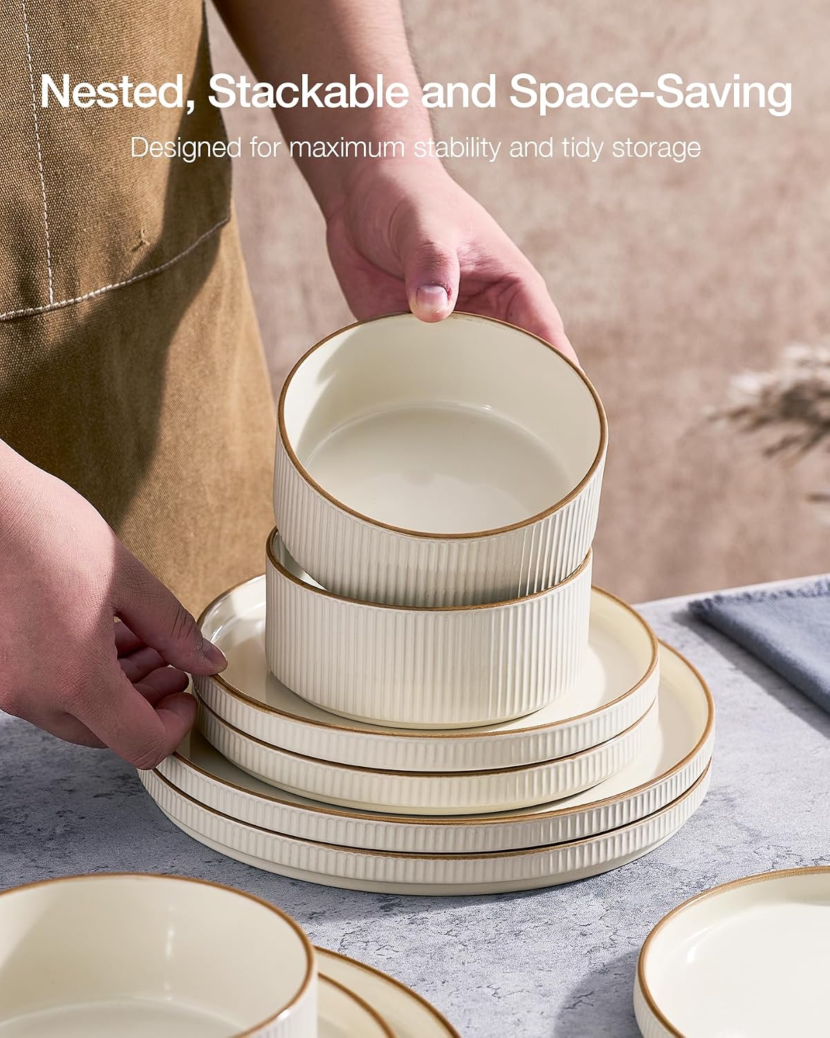 Famiware Star 18-Piece Stoneware Plates and Bowls Sets, Service for 6, Ceramic Dinnerware with Trim, Modern Rustic Dishes for Everyday/Formal, Chip/Scratch Resistant, Microwave/Dishwasher Safe, Cream