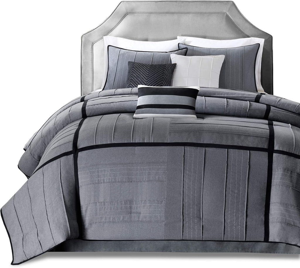 Madison Park Cozy Comforter Set Casual Blocks Design - All Season Bedding, Matching Bed Skirt, Decorative Pillows, Bridgeport Herringbone, Black Dark Grey King(104'x92') 7 Piece