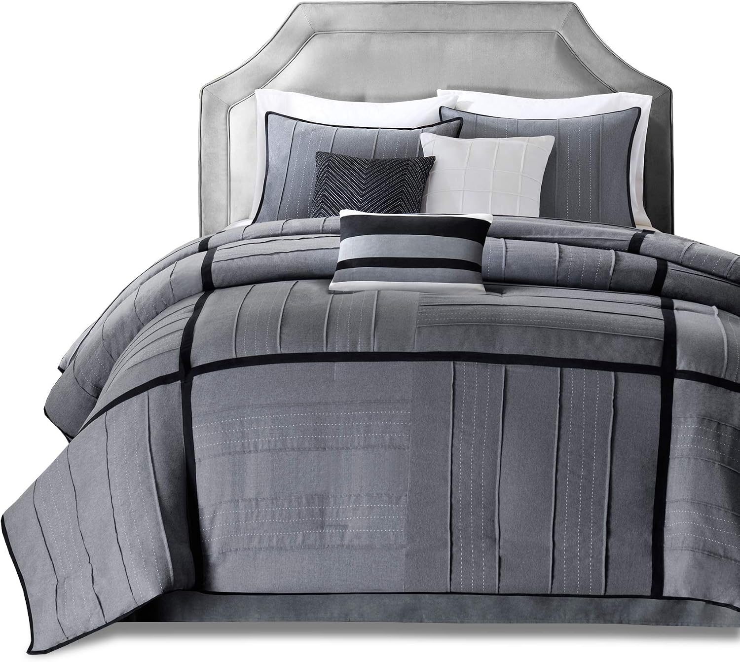 Madison Park Cozy Comforter Set Casual Blocks Design - All Season Bedding, Matching Bed Skirt, Decorative Pillows, Bridgeport Herringbone, Black Dark Grey King(104'x92') 7 Piece