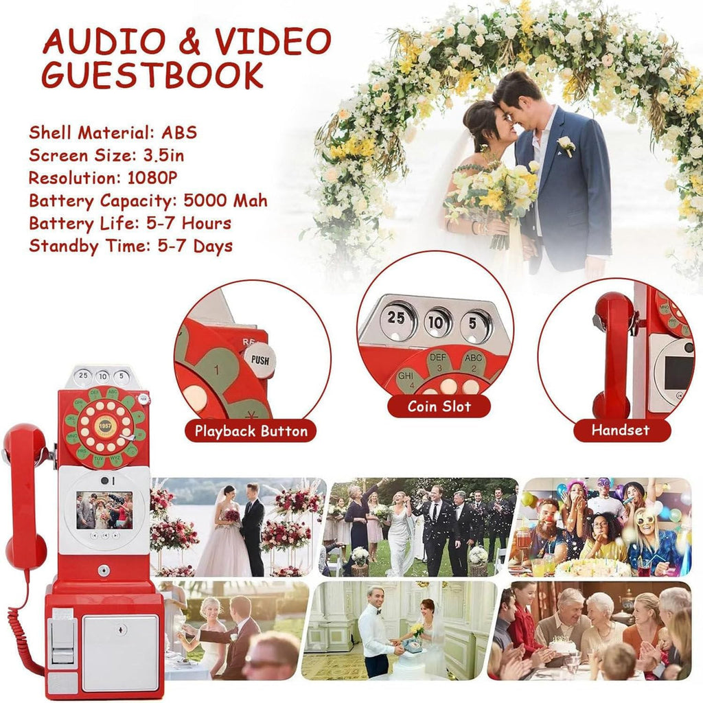 Video Audio Guest Book Wedding Phone, 1080P HD Video Audio Phone Guestbook, Preserve Your Special Occasions, for Wedding Bridal Shower, Birthday, Graduations, Baby Shower,Red-64G