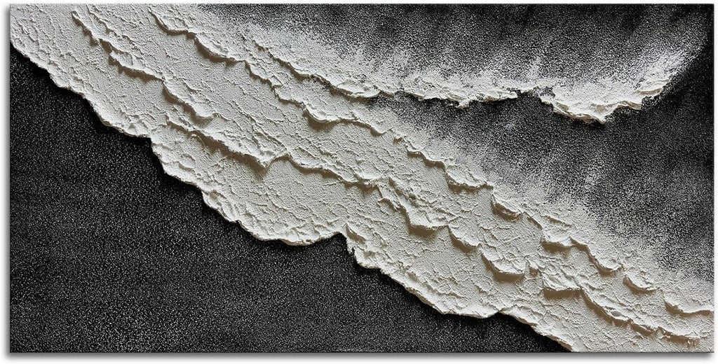 zoinart Hand Painted Large Textured Wall Art, 60x30 Inches Abstract Modern Ocean Wave Paintings, Black and White Beach Wall Art for Living Room Bedroom Wall Decor