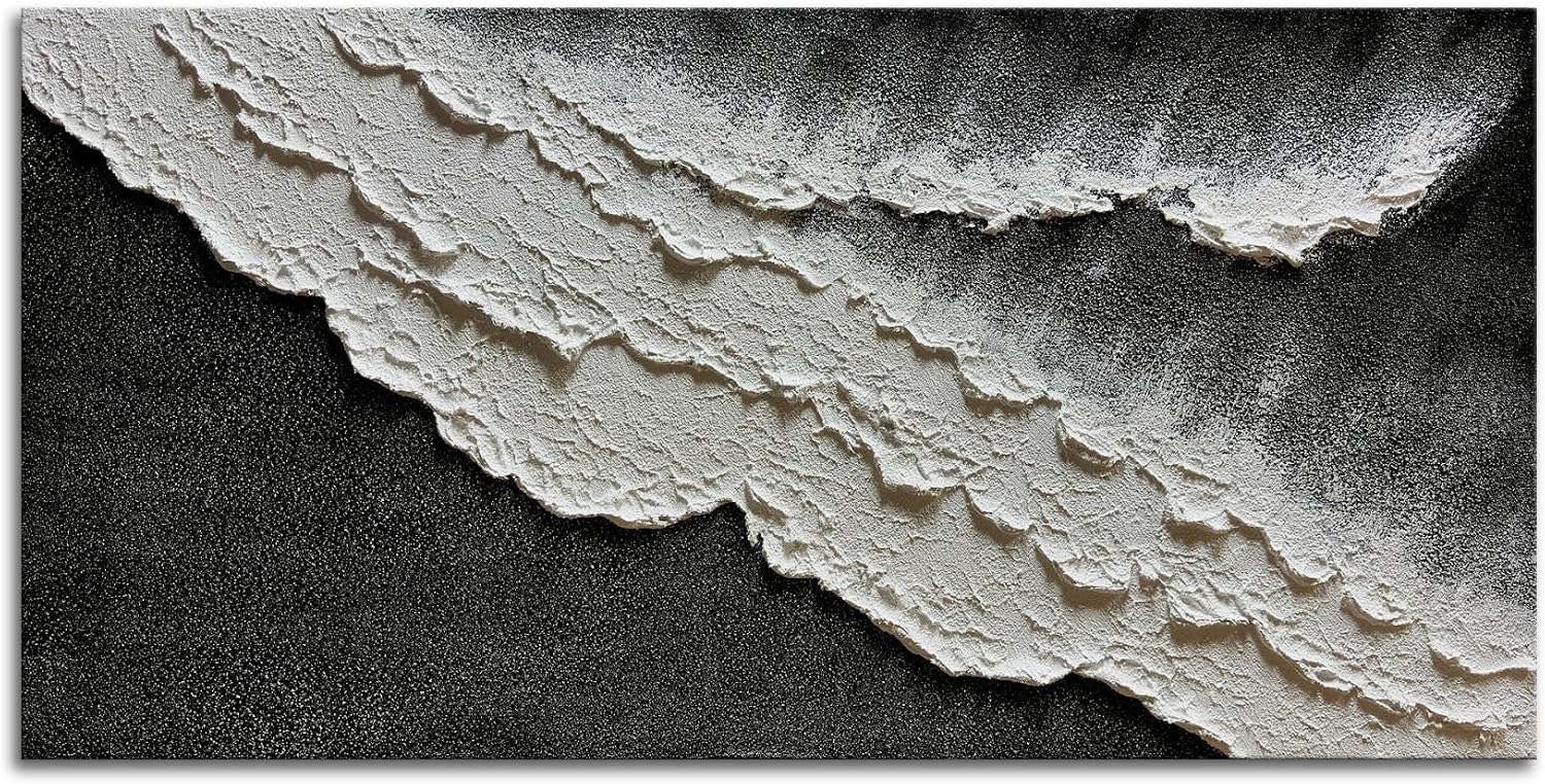 zoinart Hand Painted Large Textured Wall Art, 60x30 Inches Abstract Modern Ocean Wave Paintings, Black and White Beach Wall Art for Living Room Bedroom Wall Decor