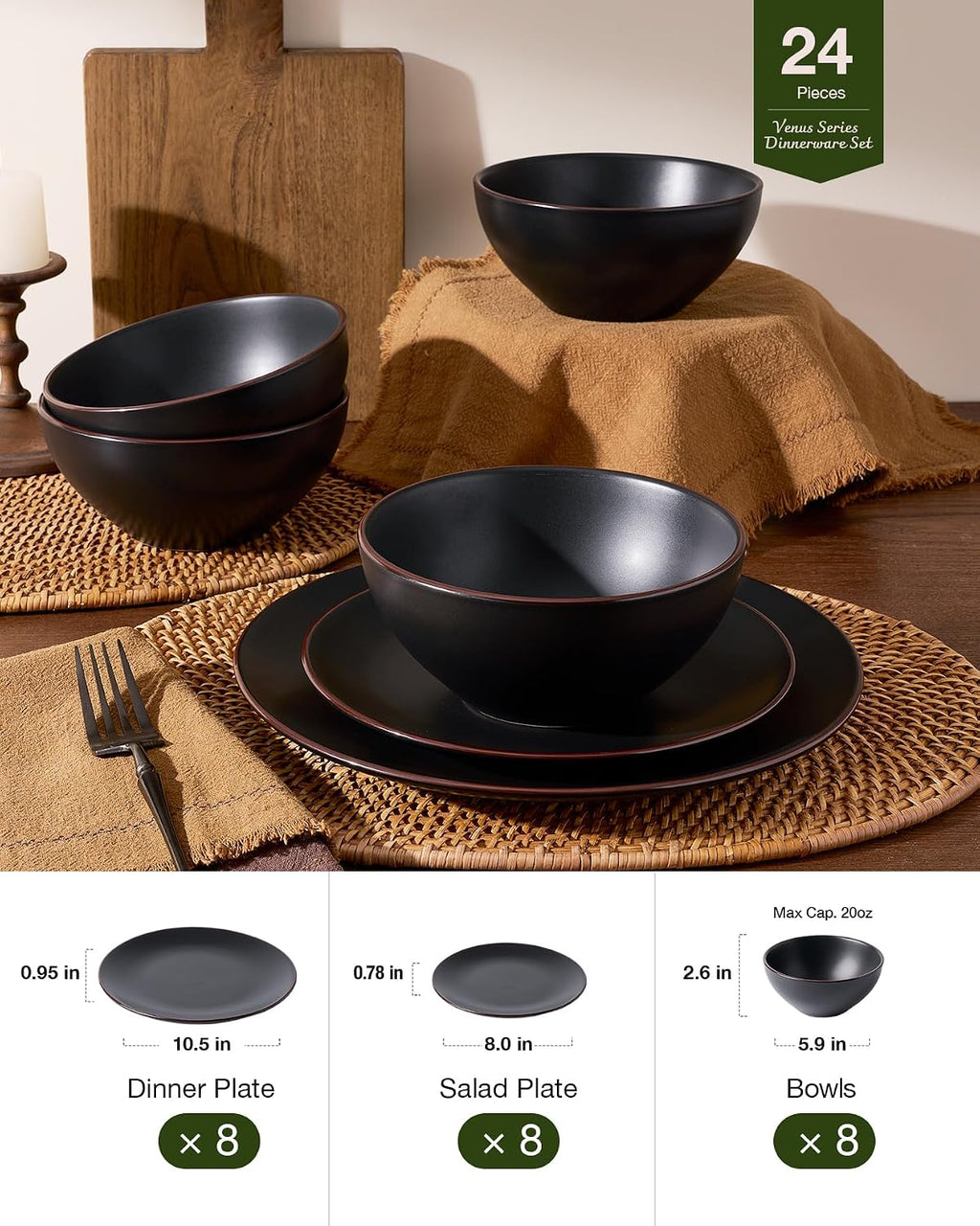 Famiware Venus Plates and Bowls Sets with Trim, 24 Pieces Stoneware Dinnerware Set for 8, Matte Black - Microwave/Dishwasher Safe, Modern Minimalist, Chip‑Resistant Dishes for Everyday & Formal Dining