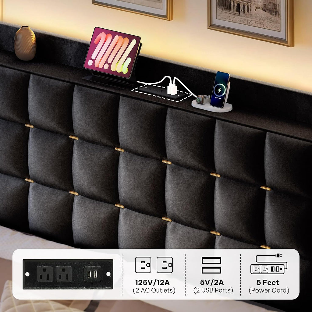 DWVO Queen Size Bed Frame with 4 Drawers and RGB LED Lights, Velvet Upholstered Platform Bed with Charging Station and Storage Headboard, No Box Spring Needed, Easy Assembly, Noise-Free, Black