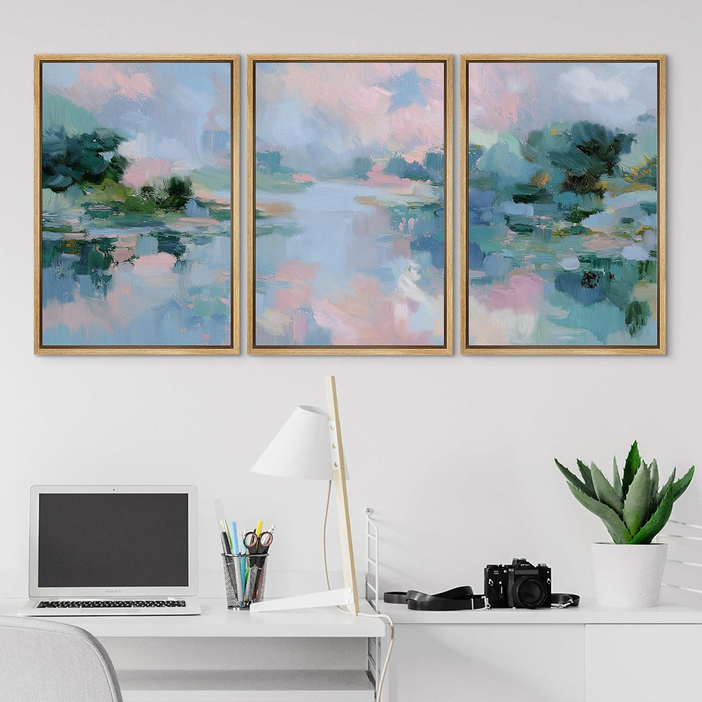 SIGNLEADER Framed Canvas Print Wall Art Set Soft Pastel Lake Landscape Illustrations Minimal Decorative Bohemian Nordic for Living Room, Bedroom, Office - 24'x36'x3 NATURAL