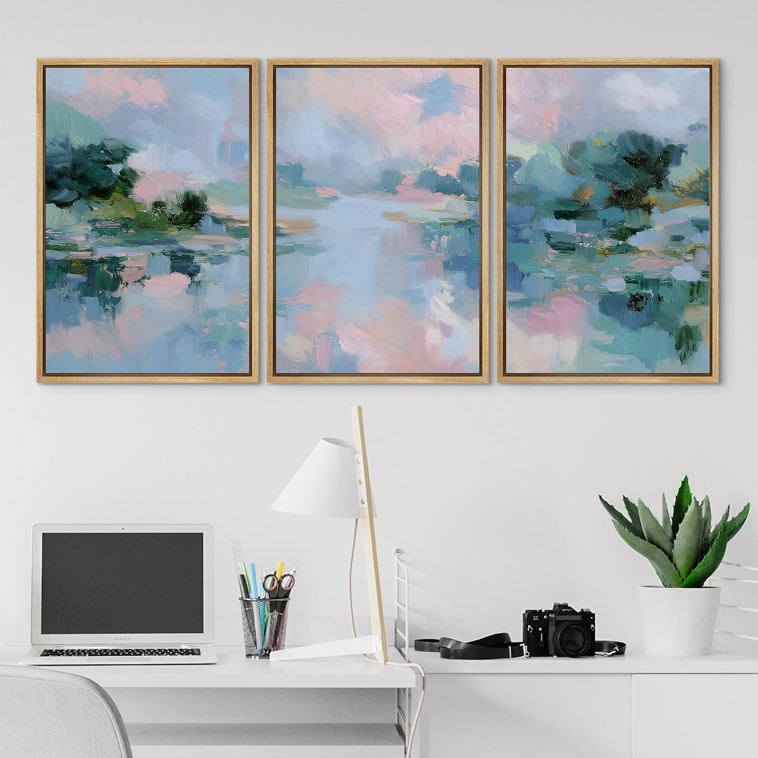 SIGNLEADER Framed Canvas Print Wall Art Set Soft Pastel Lake Landscape Illustrations Minimal Decorative Bohemian Nordic for Living Room, Bedroom, Office - 24'x36'x3 NATURAL