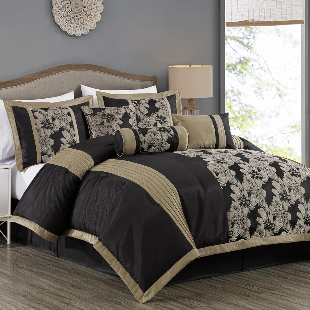 Chezmoi Collection Kelsey Comforter Set Oversized King Size, 7-Piece Black Gold Hibiscus Floral Jacquard Bedding Set