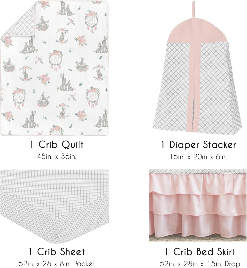 Sweet Jojo Designs 4-Piece Baby Crib Bedding Set (Woodland Bunny Floral) for Girls, Infants/Nursery incl. Blanket, Fitted Sheet, Skirt, Diaper Stacker (Shabby Chic, Boho, Flower, Bohemian, Grey Arrow)