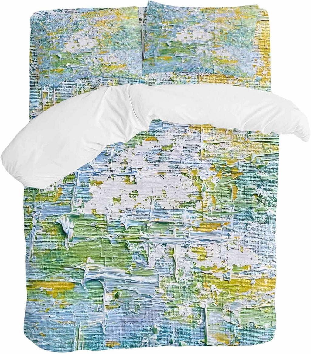 Prime Leader Abstract Geometric Duvet Cover Set Queen Size 4 Pieces Yellow Blue Green Oil Painting Style Bedding Set with Zipper Closure, 1 Comforter Cover 90x92 Inches 1 Flat Sheet & 2 Pillow Cases