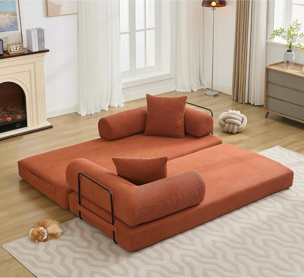 WILLIAMSPACE 78.5' Modern Loveseat Sofa Fold-Out Sofa Bed, Convertible Chair Floor Couch with Removable Backrest, Comfy King Size Sofa Bed for Living Room, Bedroom, Corduroy Fabric (Orange)