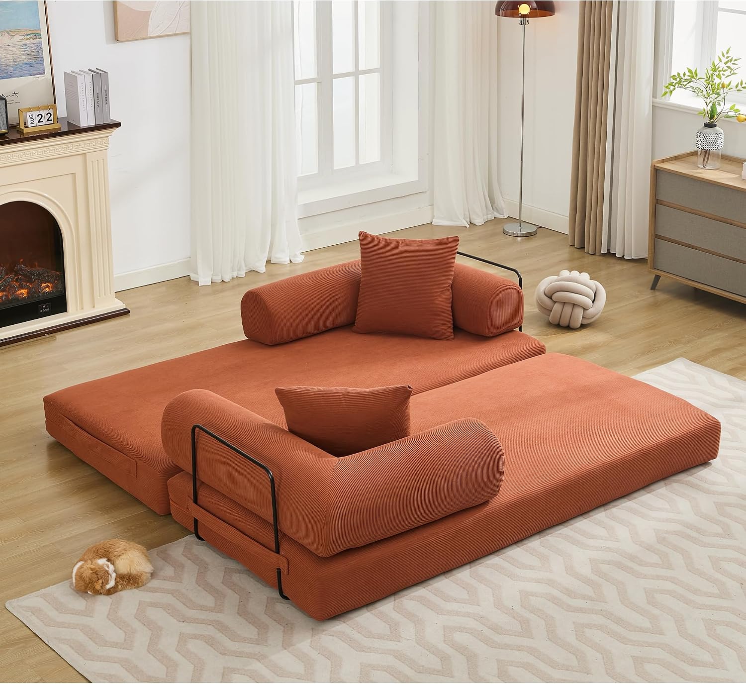 WILLIAMSPACE 78.5' Modern Loveseat Sofa Fold-Out Sofa Bed, Convertible Chair Floor Couch with Removable Backrest, Comfy King Size Sofa Bed for Living Room, Bedroom, Corduroy Fabric (Orange)