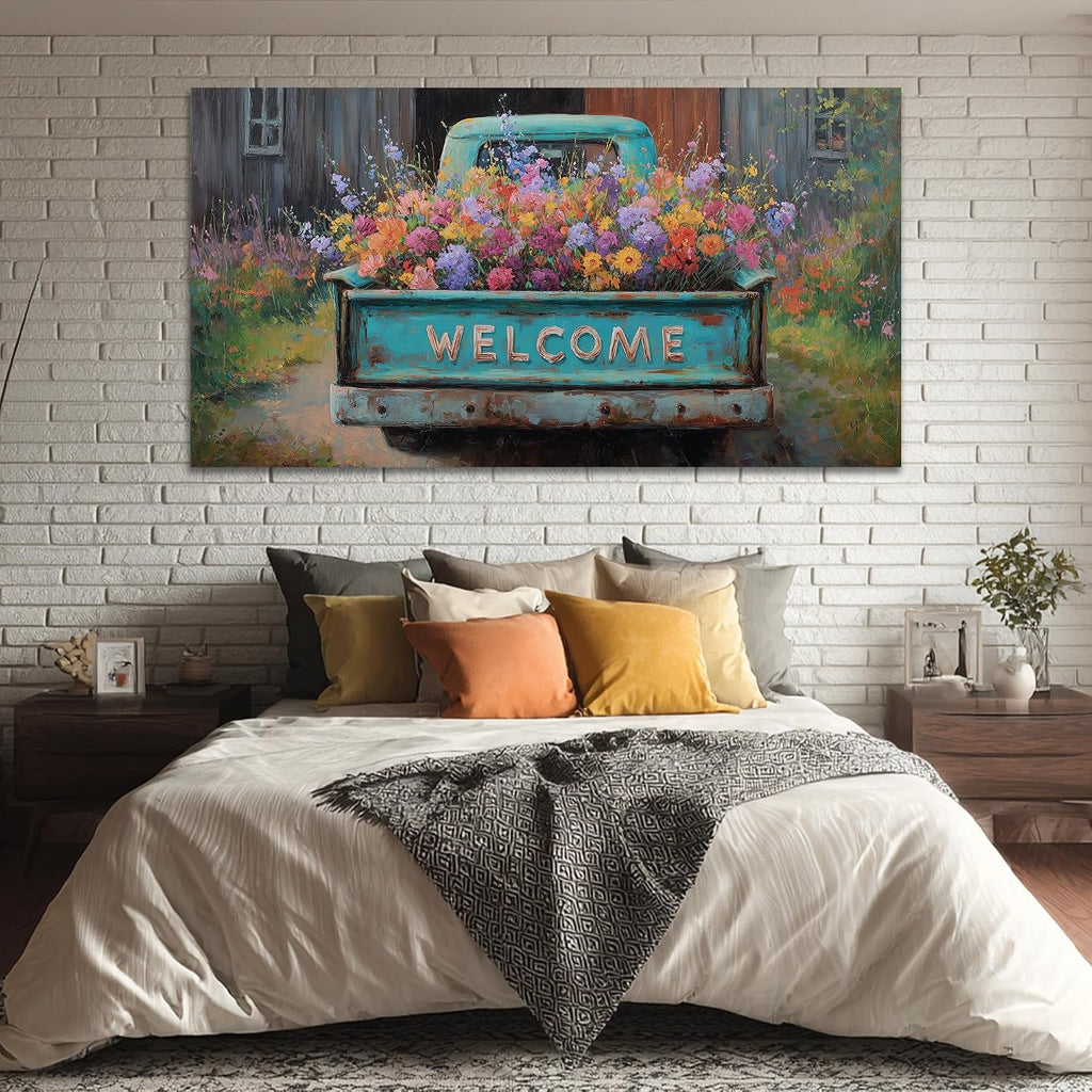 TIMUBA Country Farmhouse Truck Wall Art, Spring Farmhouse Canvas Art Prints, Welcome Sign Blue Retro Truck Pictures Wall Decor, Colorful Rustic Spring Flower Painting Artwork for Bedroom 60x30 Inches