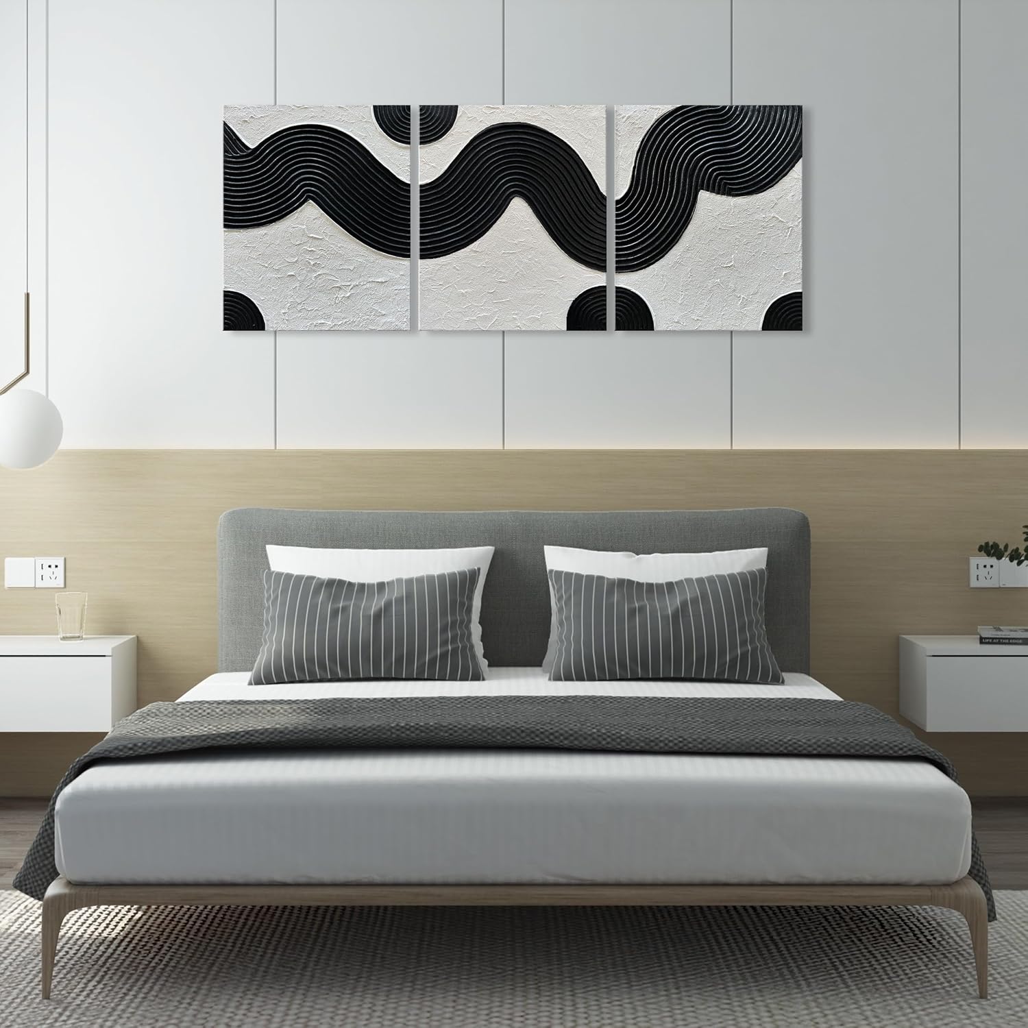 NANKAI Art Hand-Painted Abstract Oil Painting in Black and White Texture Modern Minimalist Art 24x20 Inches x 3,Home Wall Decoration Oil Painting