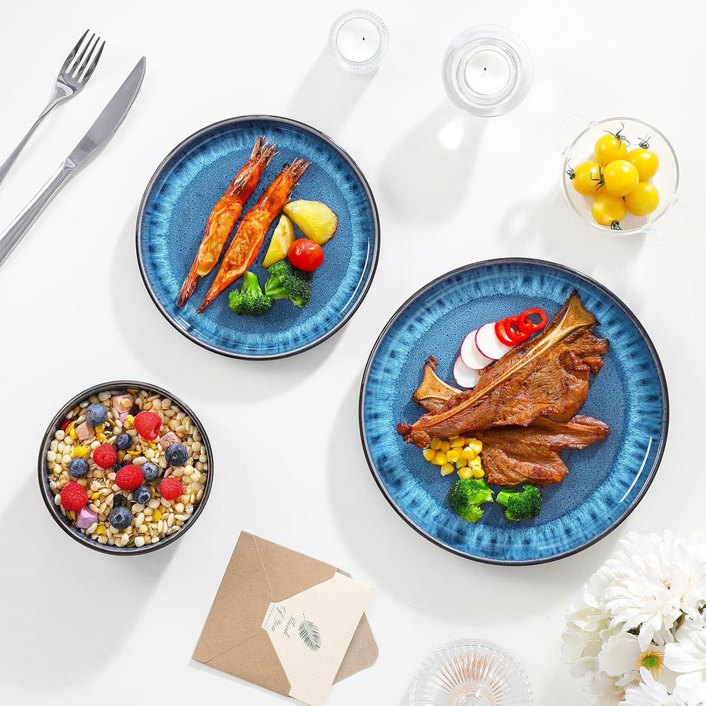 vancasso PLAYA Plates and Bowls Sets, 24 Pieces Blue Dinnerware Sets for Kitchen, Reactive Glaze Dishes Set for 8, Dishwasher and Microwave Safe