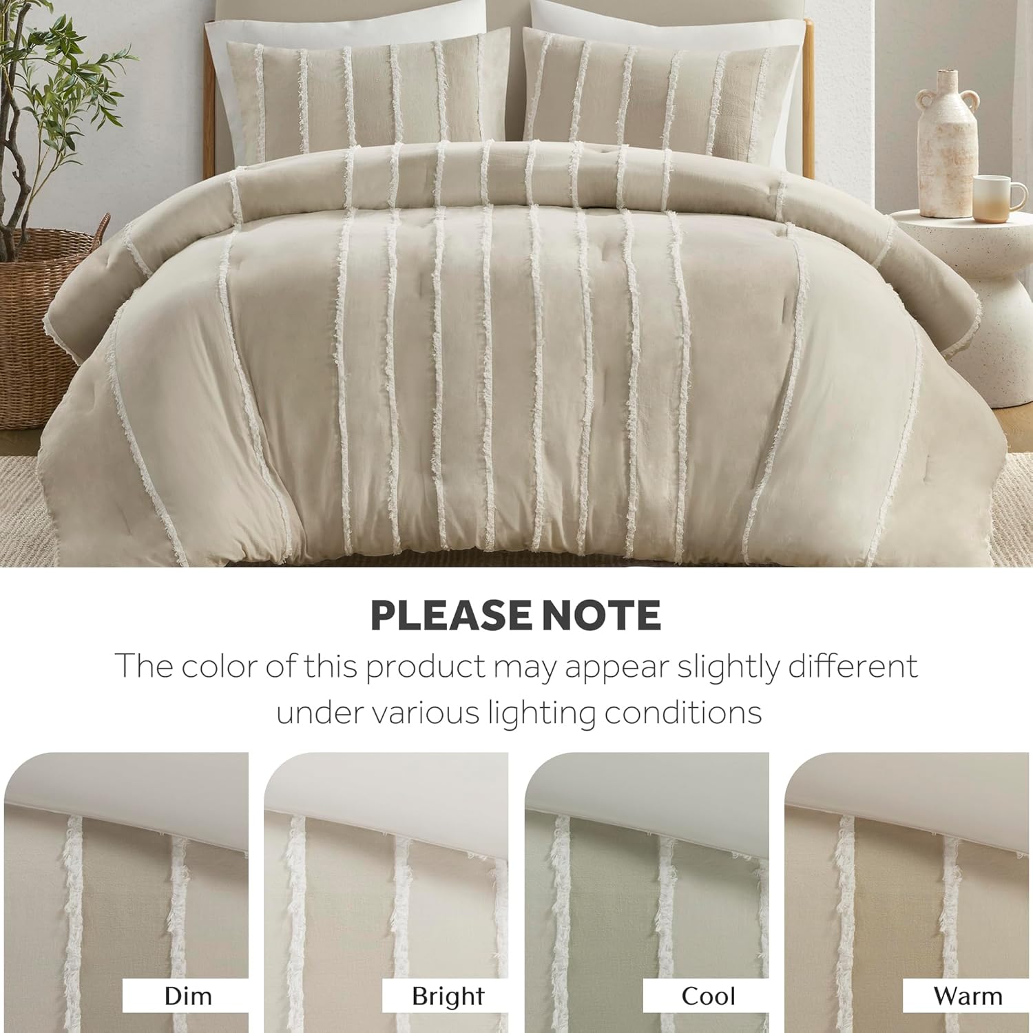 Ink+Ivy Queen Comforter Set Boho Comforters Stripes, Clipped Jacquard, Cotton Comforter for Queen Size Bed, All Season Poly Fill Lightweight Queen Bedding & Shams, Shay, Full/Queen, Taupe 3 Piece