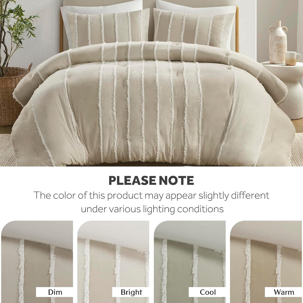 Ink+Ivy King Comforter Set Boho Comforters Stripes, Clipped Jacquard, Cotton Comforter for King Size Bed, All Season Poly Fill Lightweight King Bedding & Shams, Shay, King/Cal King, Taupe 3 Piece