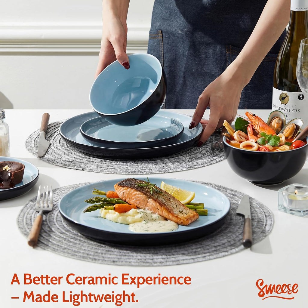 Sweese Porcelain Dinnerware Set of 6, Lightweight Round Plates and Bowls Set - Dishwasher, Microwave, Oven Safe, Scratch Resistant Dinner Sets, Kitchen Dishes Set, Black & Blue
