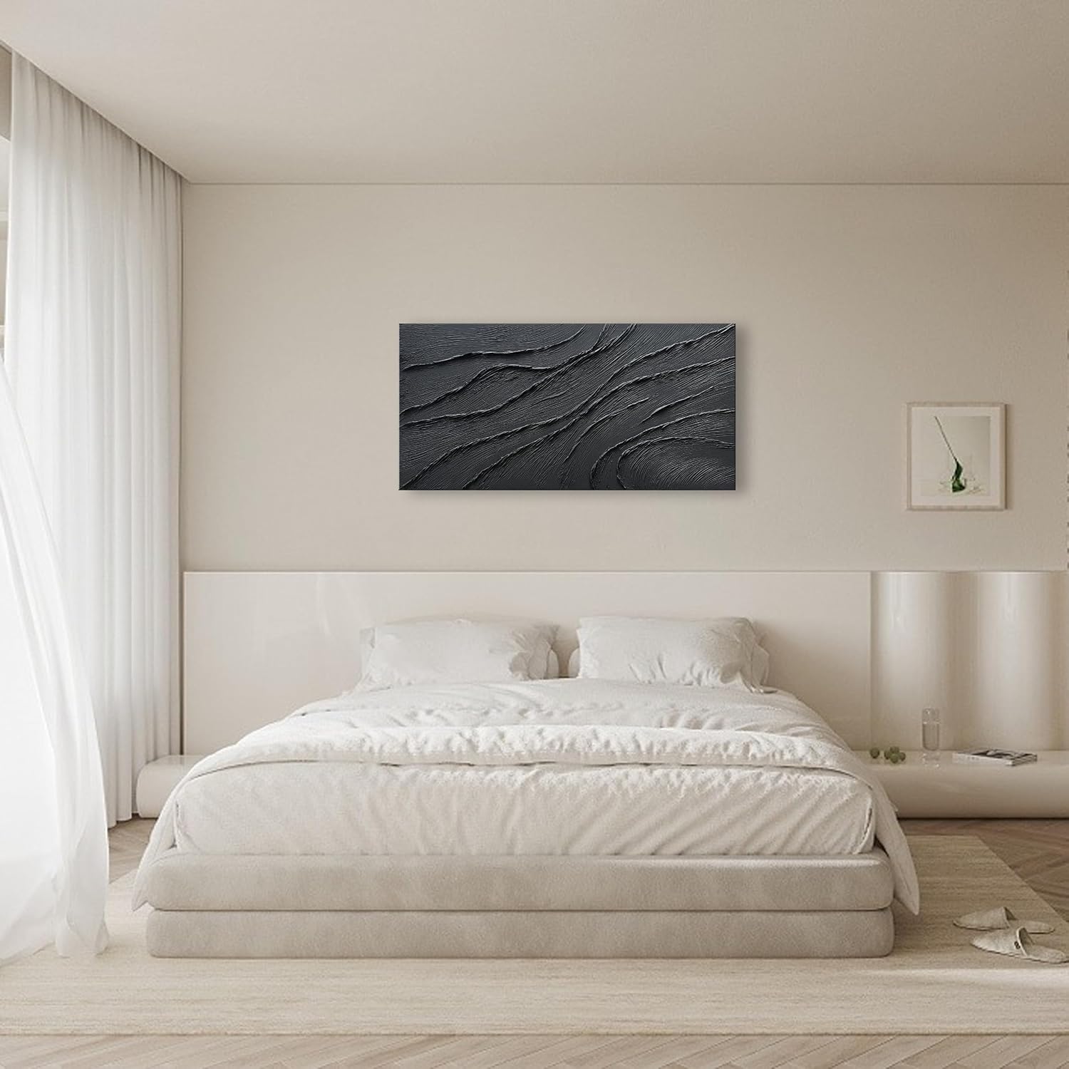 NANKAI Art Thick Texture Black Minimalist Oil Painting, 24x48 Inches, Contemporary Art, Home Office Wall Decoration