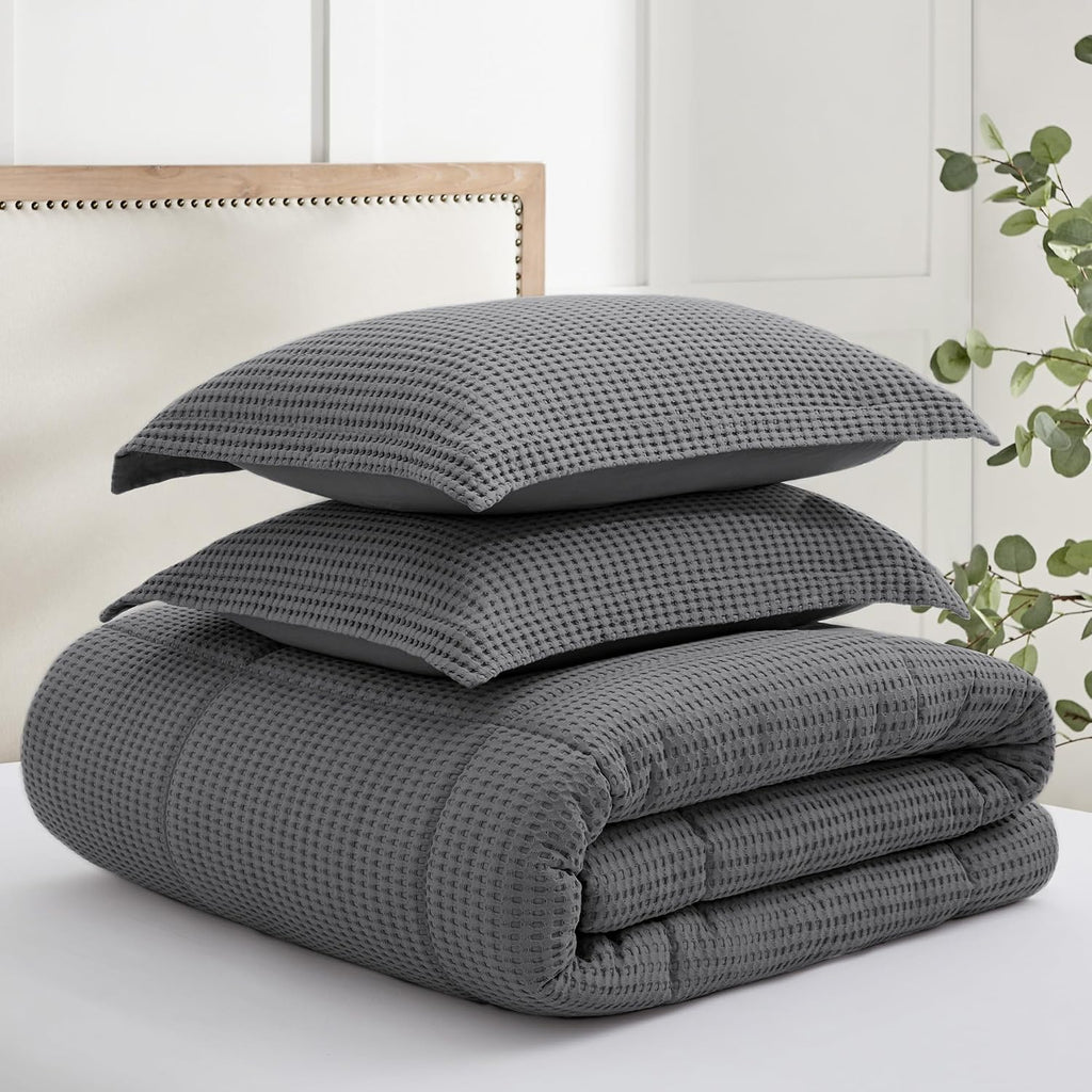 Levtex Home Mills Waffle Full/Queen Comforter Set (90x94in) with 2 Pillow Shams (26x20in) - Charcoal - 100% Cotton Full/Queen Size Comforter Set - Soft, Pre-Washed