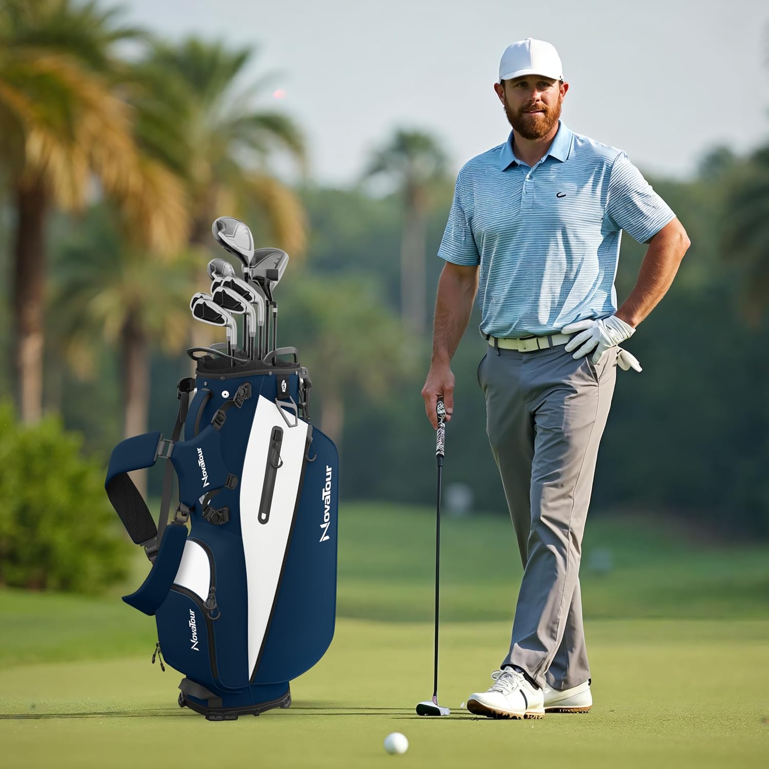 Golf Stand Bag - Lightweight Golf Bag with Stand and 7 Way Dividers, Dual Strap, Waterproof Pocket, Insulated Sleeve, Easy-Lift Handles and Swing-Cam Holder