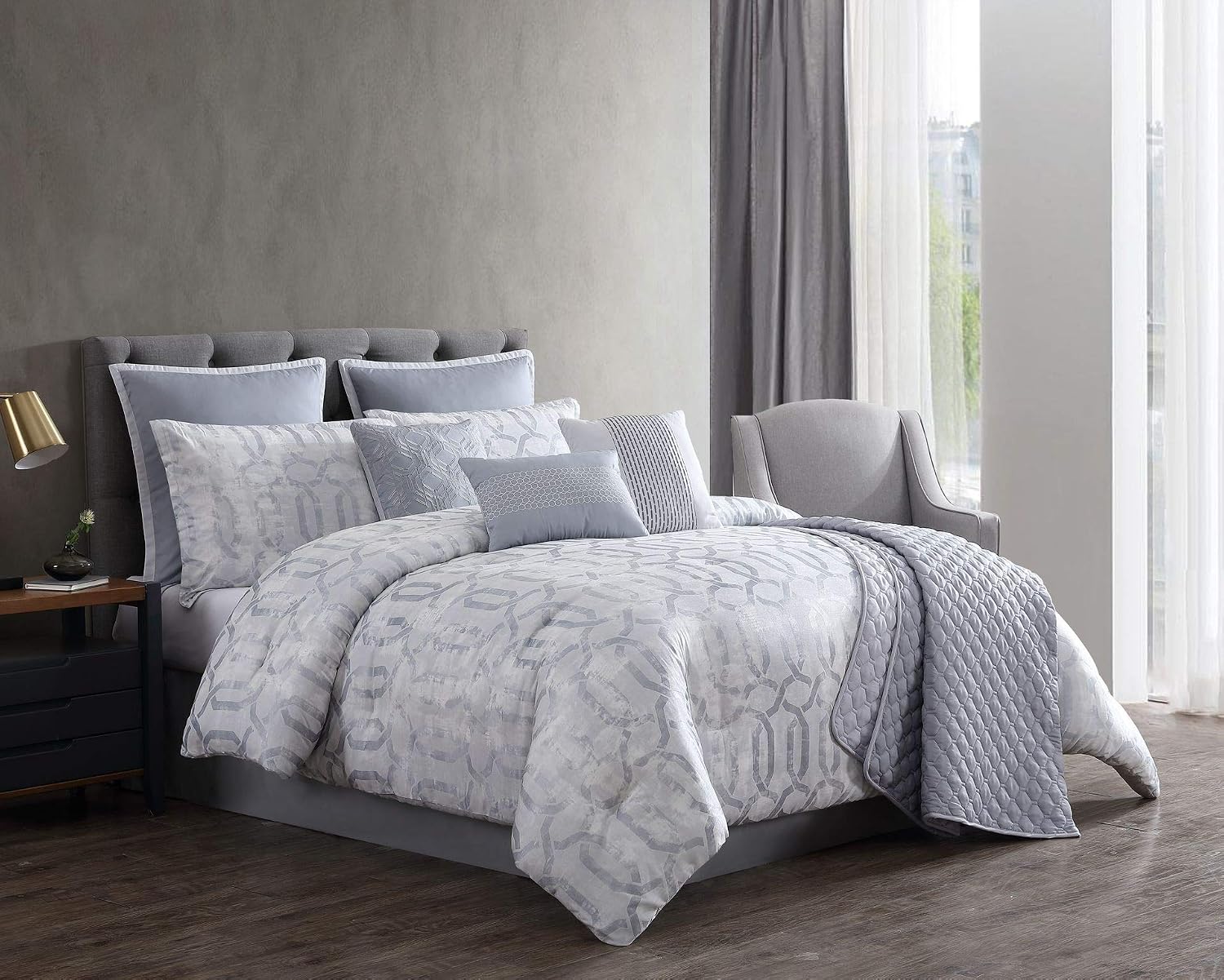 Riverbrook Home 100% Polyester Comforter Set, King, Bergen - Blue/Gray, 10 Piece Set