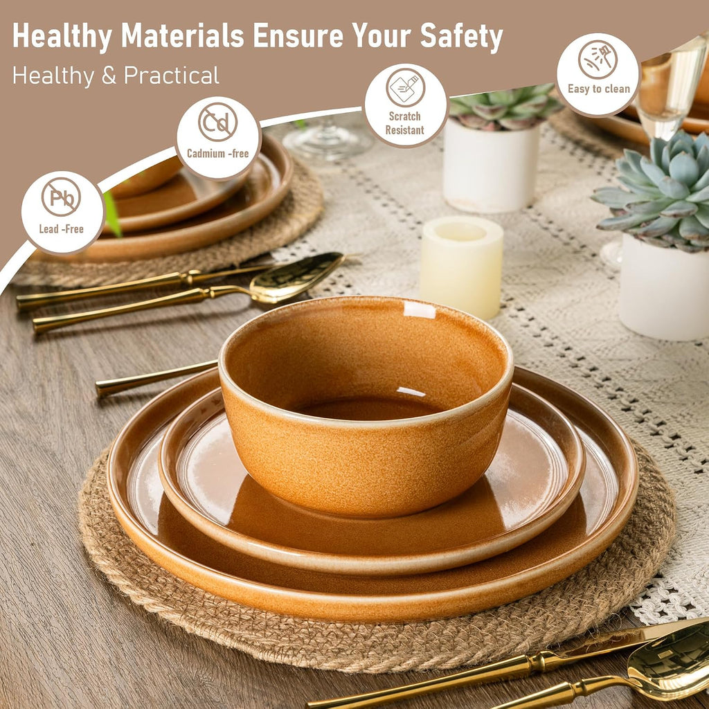 GBHOME Ceramic Dinnerware Sets for 8, 24 Pieces Stoneware Plates and Bowls Sets, Scratch Resistant Dishes, Dishwasher & Microwave Safe, Reactive Glaze-Amber