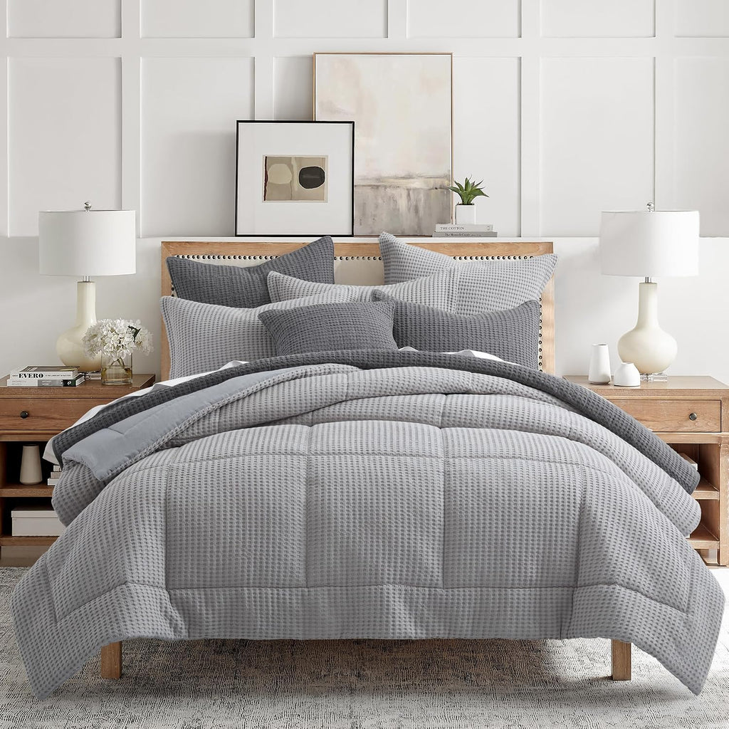 Levtex Home Mills Waffle Full/Queen Comforter Set (90x94in) with 2 Pillow Shams (26x20in) - Grey Pewter - 100% Cotton Full/Queen Size Comforter Set - Soft, Pre-Washed