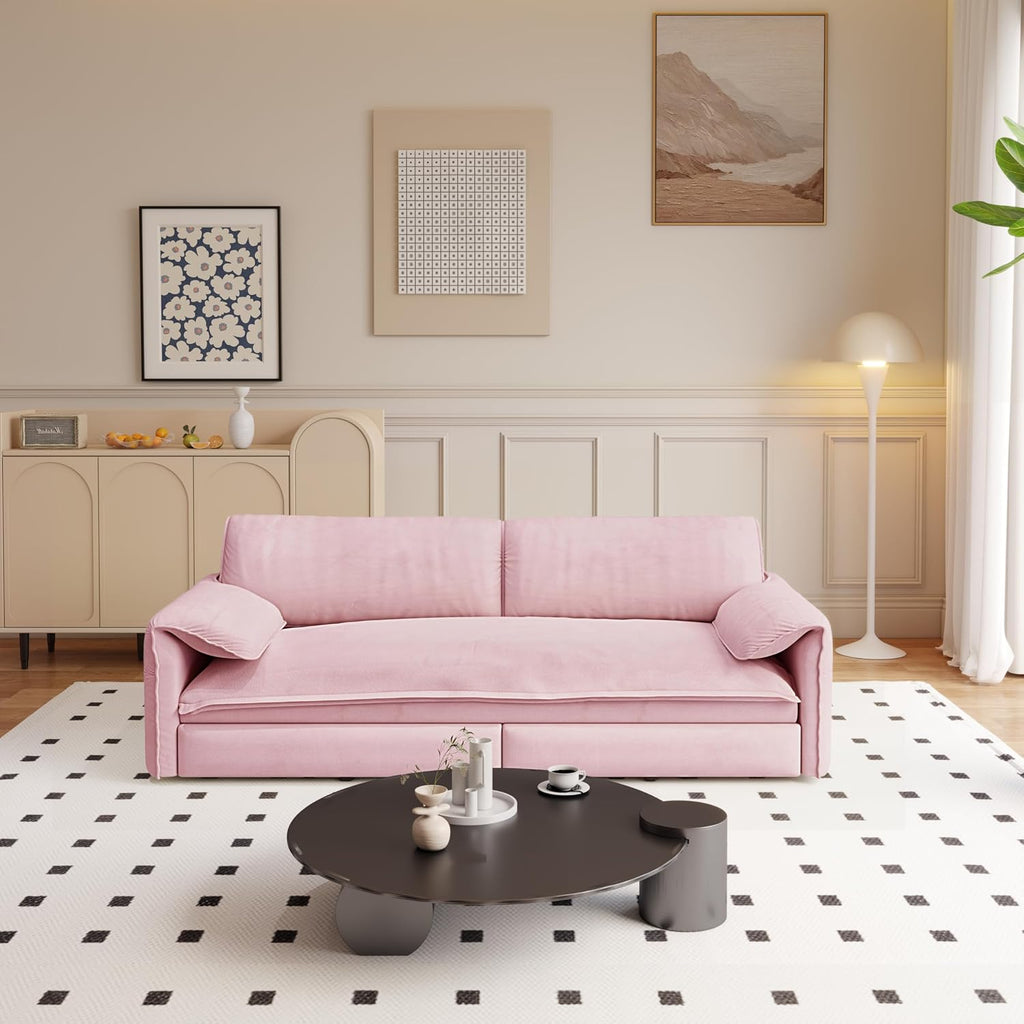 WILLIAMSPACE 66' Queen Pull Out Sofa Bed, 3-in-1 Velvet Convertible Sleeper Sofa Couch with Side Storage, Multi-Functional Loveseat Bed Pull Out Couch for Living Room, Apartment (Pink)