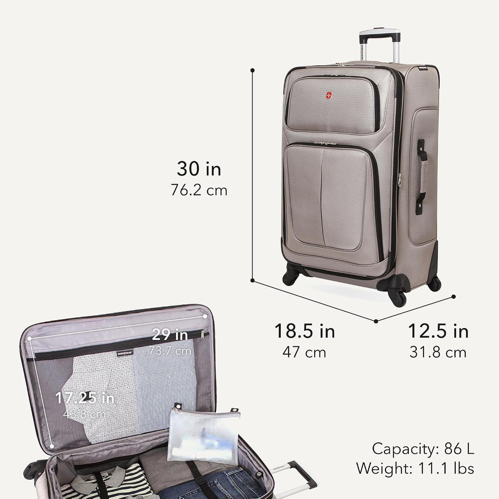 SWISSGEAR Sion Softside Expandable Spinner Luggage Durable Lightweight Travel Suitcase, Pewter, Checked-Large