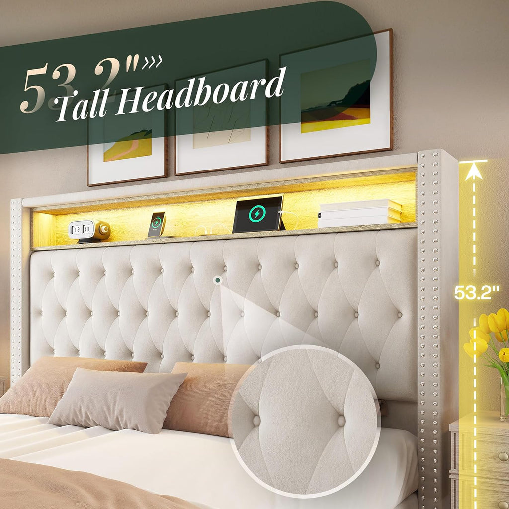 Jocisland 53.2'' Queen Size Bed Frame with Tall Storage Headboard, LED Lights & Charging Station, Velvet High Upholstered Button Tufted Wingback Platform Bed, No Box Spring Needed, Cream