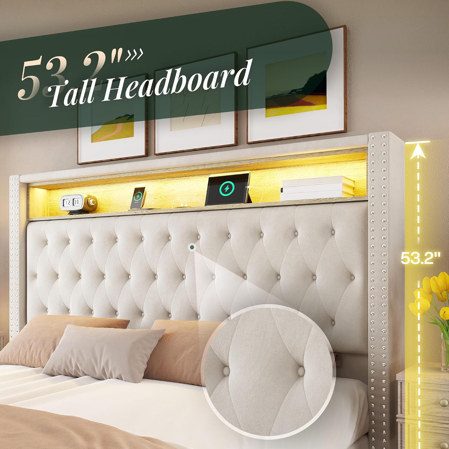 Jocisland 53.2'' Queen Size Bed Frame with Tall Storage Headboard, LED Lights & Charging Station, Velvet High Upholstered Button Tufted Wingback Platform Bed, No Box Spring Needed, Cream