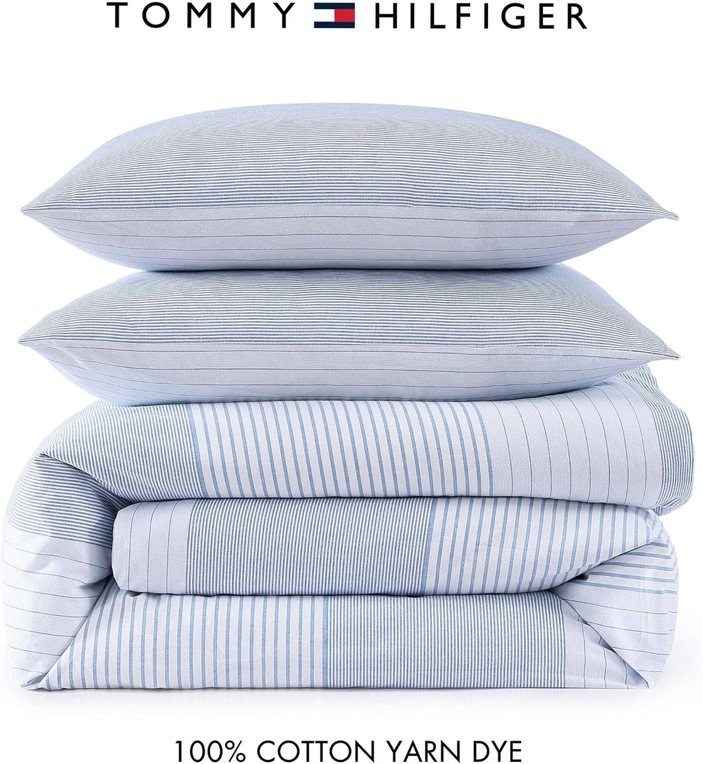 Tommy Hilfiger - Full/Queen Comforter Set, Super Soft Bedding with Matching Sham, Breathable Bed Essentials (Modern Stripe White, Full/Queen)