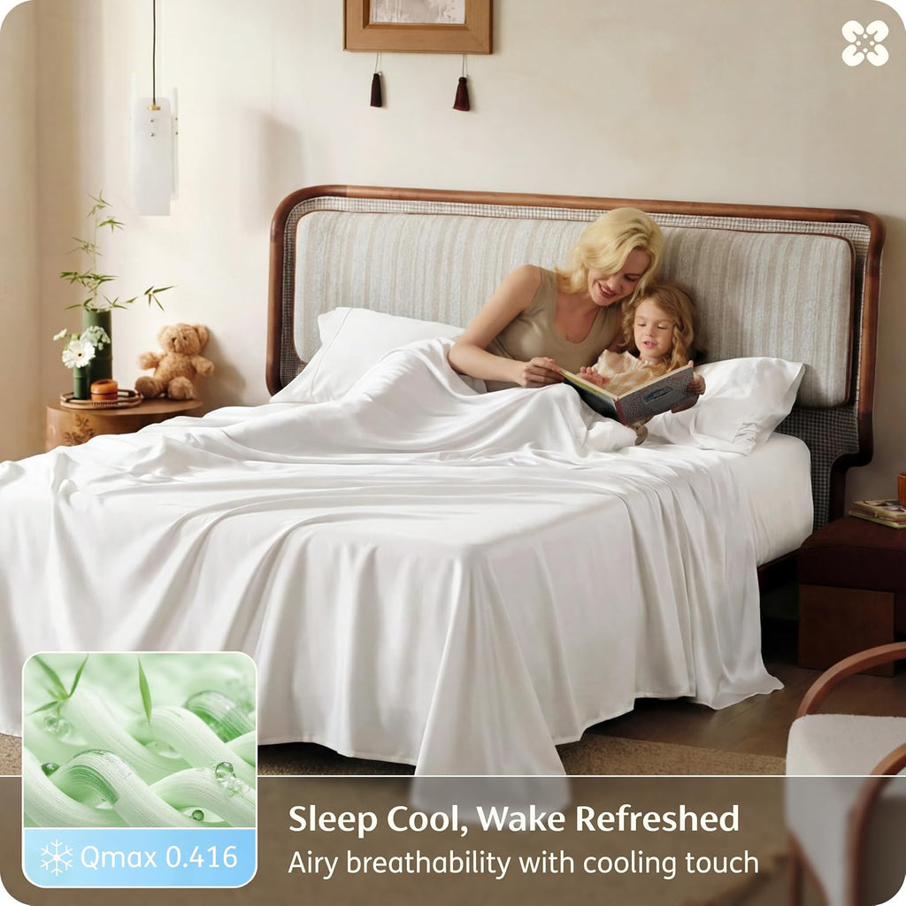Bedsure 100% Organically Grown Bamboo Viscose California King Sheet Sets | Cooling Bedsheets for Hot Sleepers | Luxury Silky Soft | 18' Deep Pocket with Corner Straps | Oeko-Tex Certified [White]