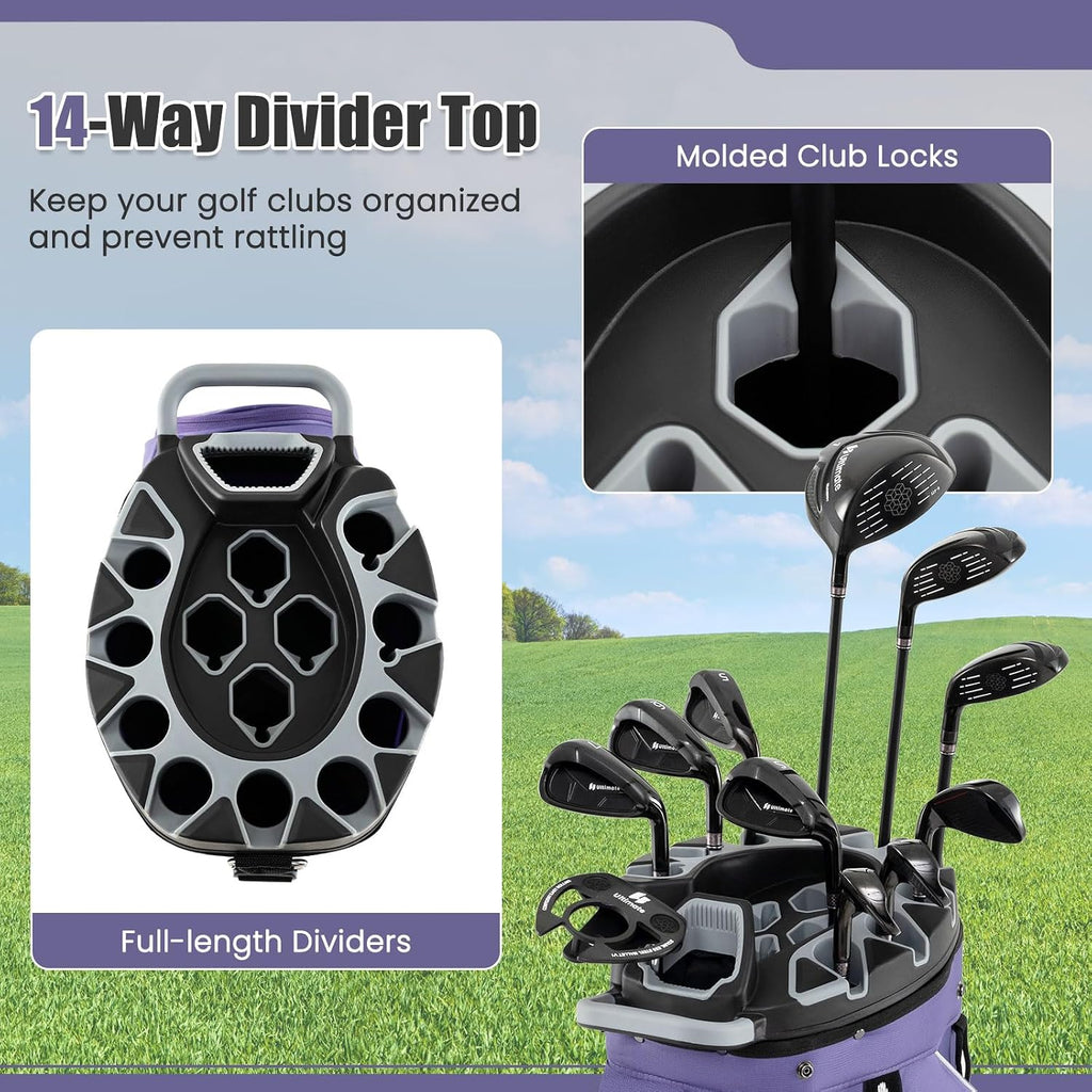 ULTIMATE 14-Way Golf Cart Bag, Golf Bag w/Molded Lock Top & Full Length Dividers, Portable Golf Club Bag w/11 Pockets, Cooler Bag, Padded Strap & Rain Hood for Men Women