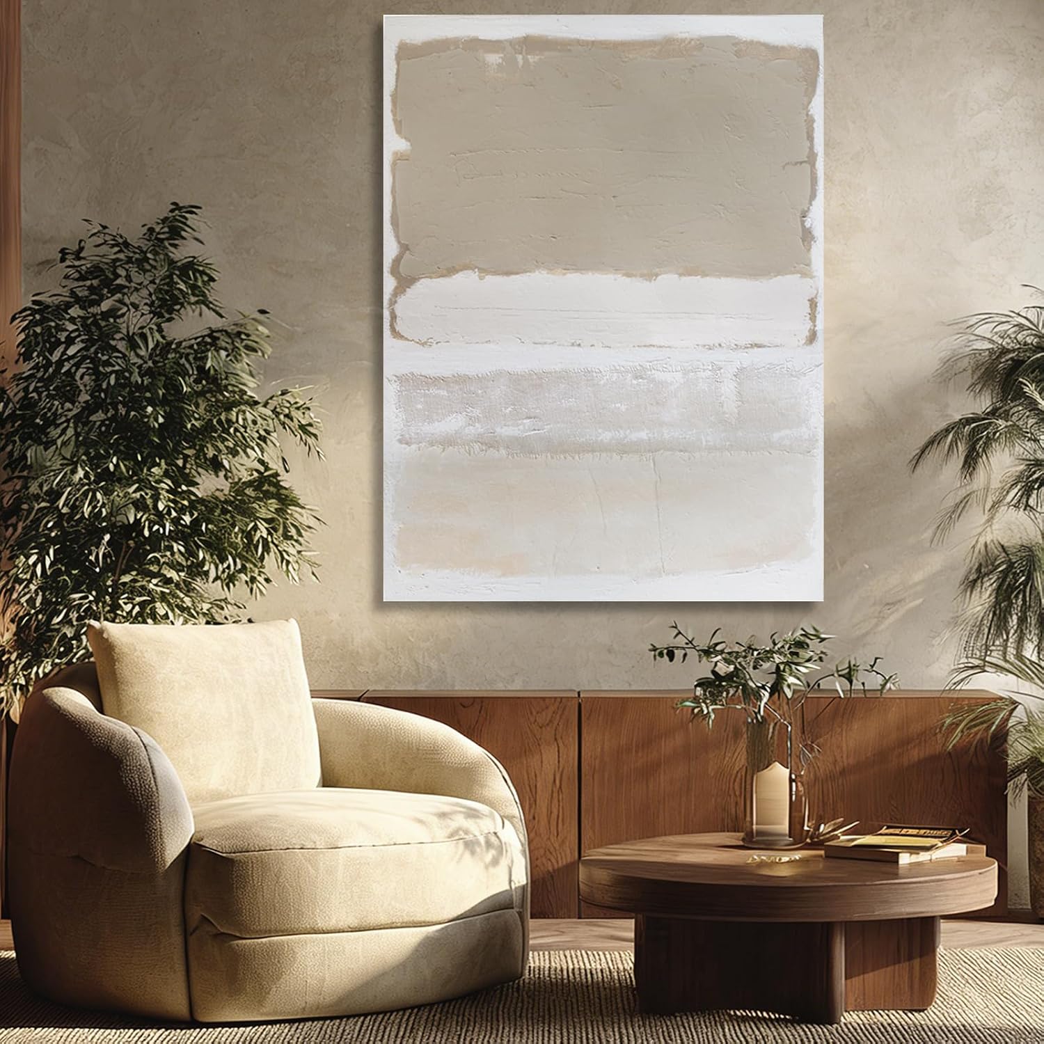 SHEYOYE Hand-painted Abstract Wall Art - Large Canvas Art for Living Room, Bedroom, Modern Beige and White Art Decor, 36x48in