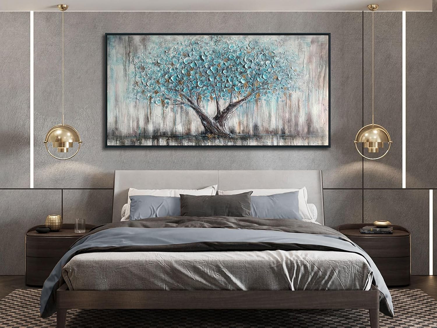 Arjun Framed Blue Tree Extra Large Canvas Wall Art for Living Room Tree of Life Abstract Bedroom Textured Painting, Nature Picture Panoramic Landscape Artwork Home Office Decor, Black Wood 58'x29'