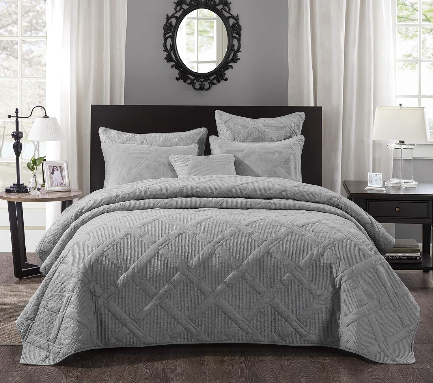 Tache Solid Light Grey Silver Soothing Pastel Soft Cotton Geometric Diamond Stitch Pattern Lightweight Quilted Bedspread 3 Piece Set, Full