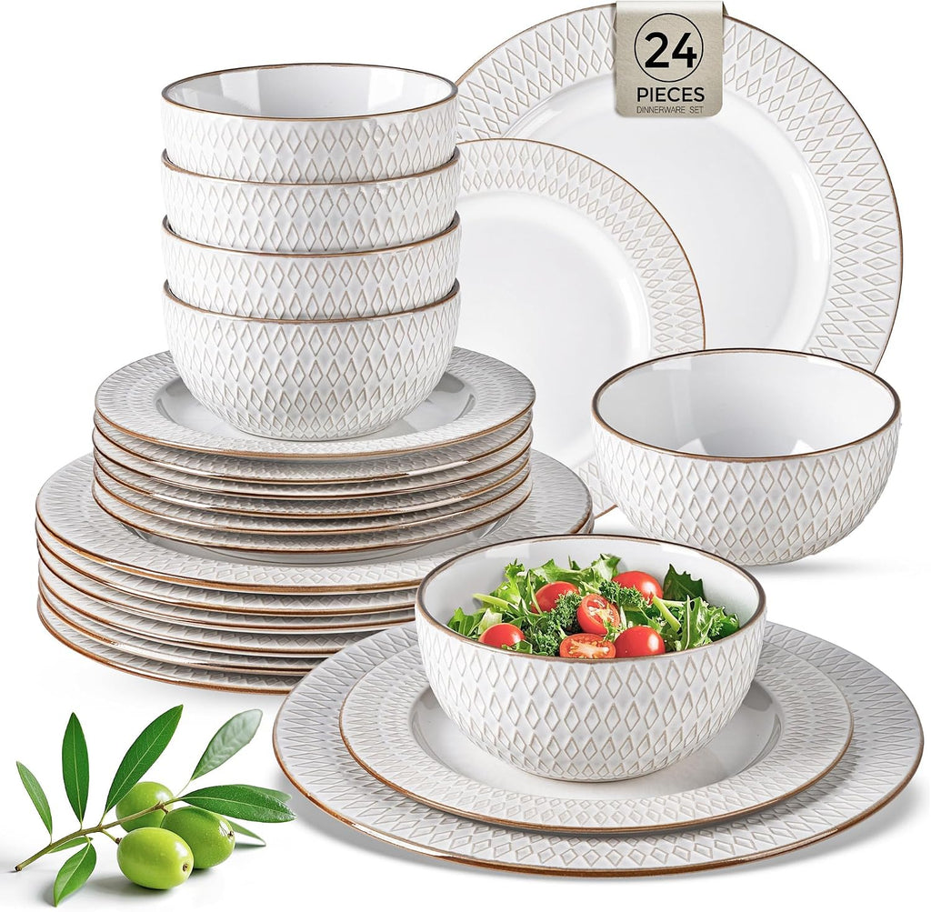 GBHOME Ceramic Dinnerware Sets, 24 pcs Embossed Elegant Stoneware Plates and Bowls Sets, Housewarming Wedding Gift | Dishwasher & Microwave Safe | Dishes Set Service for 8