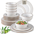 GBHOME Ceramic Dinnerware Sets, 24 pcs Embossed Elegant Stoneware Plates and Bowls Sets, Housewarming Wedding Gift | Dishwasher & Microwave Safe | Dishes Set Service for 8