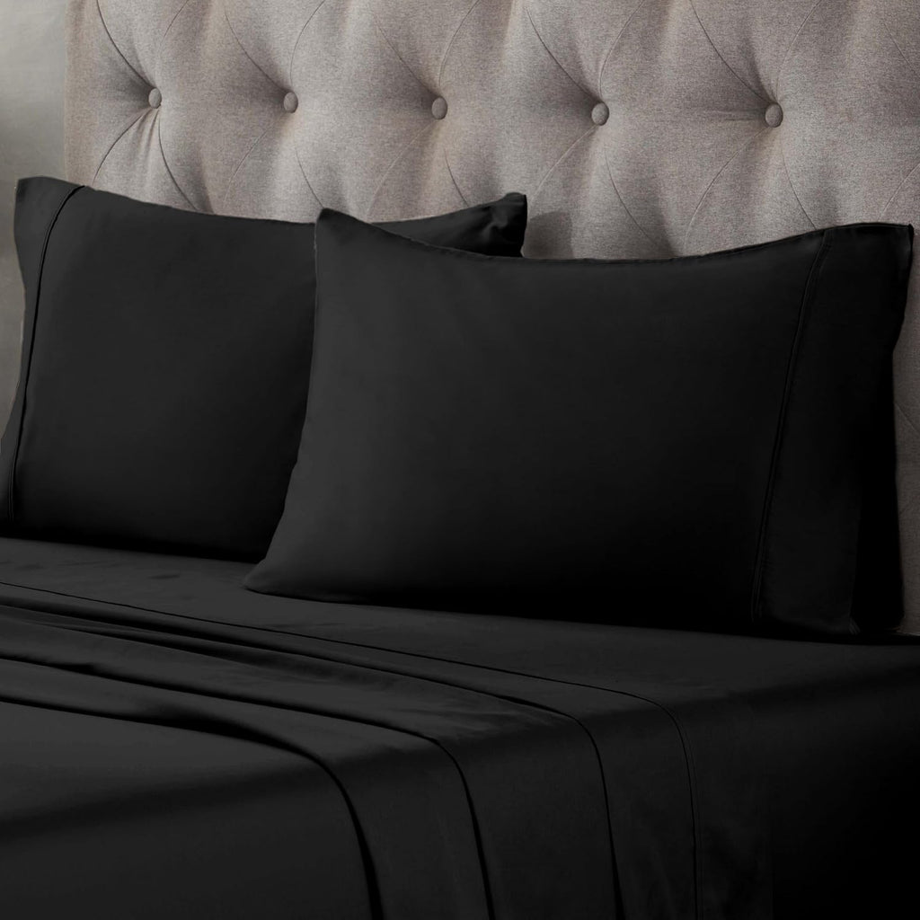 Superior Egyptian Cotton 400 Thread Count Bed Sheet Set, 1 Elastic Deep Pocket Fitted Sheet, 1 Flat Sheet, 2 Pillowcases, Soft Bedding, Luxury Sheets, Sateen Weave, California King Size, Black