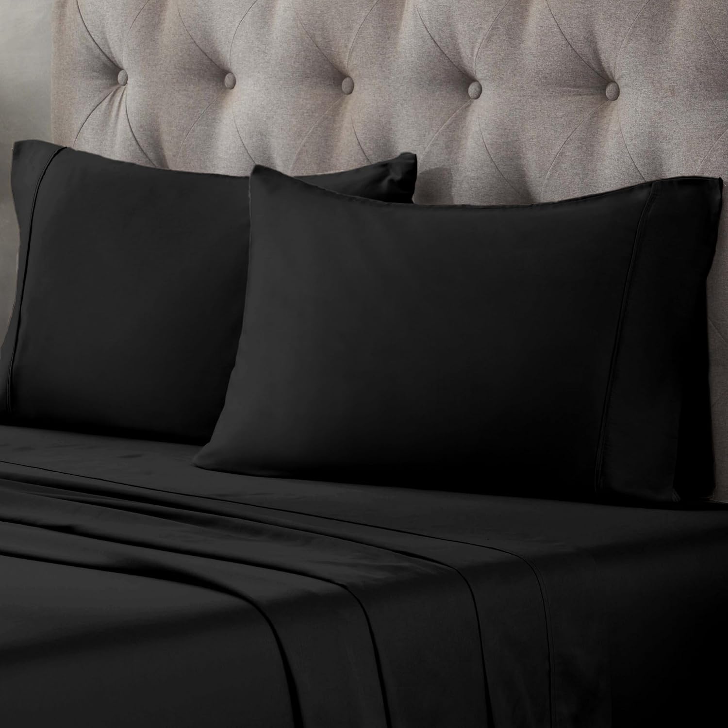 Superior Egyptian Cotton 400 Thread Count Bed Sheet Set, 1 Elastic Deep Pocket Fitted Sheet, 1 Flat Sheet, 2 Pillowcases, Soft Bedding, Luxury Sheets, Sateen Weave, California King Size, Black