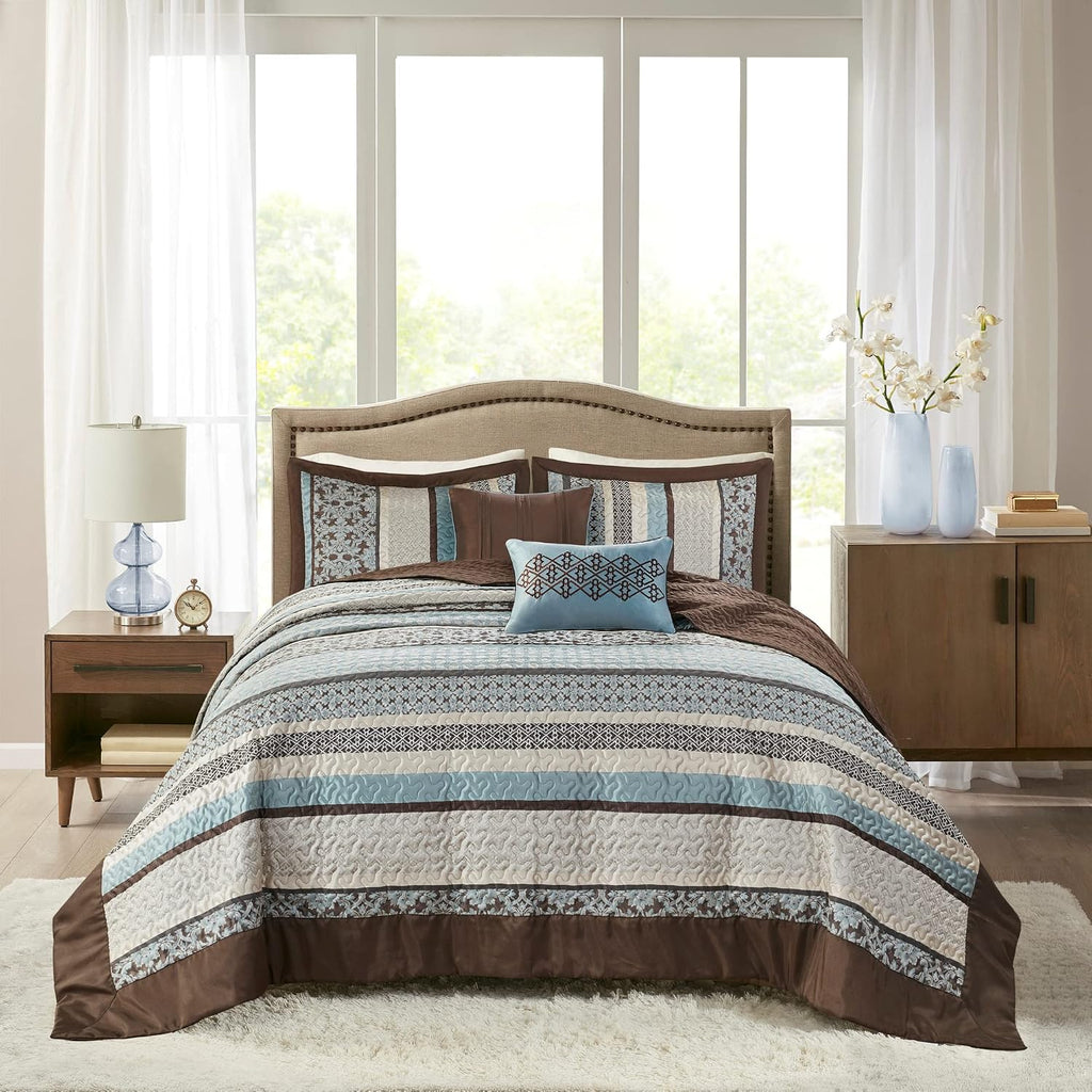 Madison Park Princeton Reversible Quilted Bedspread Set, Solid Reverse Summer Breathable, Lightweight All Season Bedding Layer, Matching Shams, Bedspread Queen(102'x118'), Blue 5 Piece