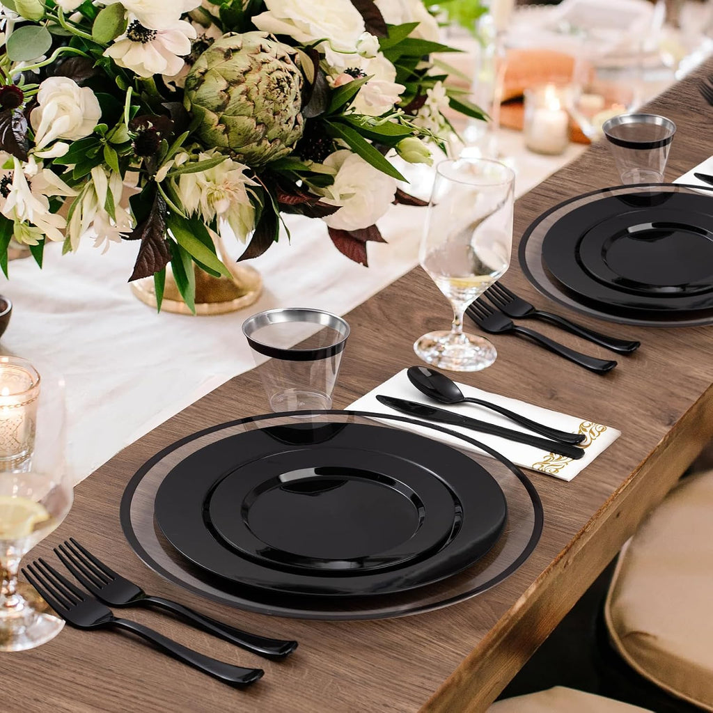 Goodluck 12 Inch Disposable Charger Plates Plastic, 100 Pack Plastic Clear Charger with Black Rim for Dinner, Wedding, Party