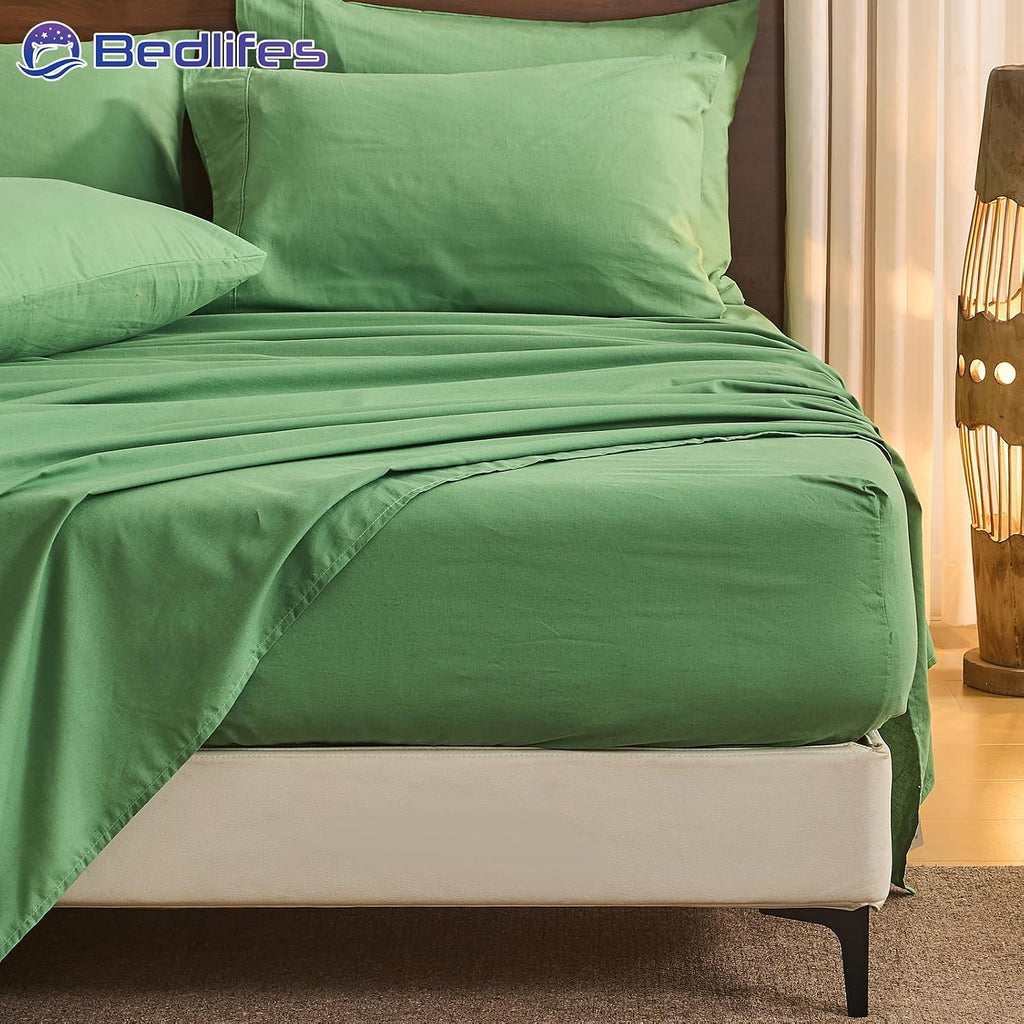 Bedlifes 100% French Pure Linen Sheets Queen Size Breathable and Cooling Flax Sheet Set Soft Durable and Moisture Wicking 16 Inch Deep Pocket-4 Piece(Queen,Sage Green)