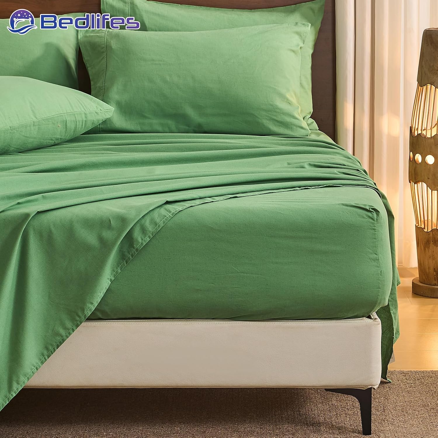 Bedlifes 100% French Pure Linen Sheets Queen Size Breathable and Cooling Flax Sheet Set Soft Durable and Moisture Wicking 16 Inch Deep Pocket-4 Piece(Queen,Sage Green)
