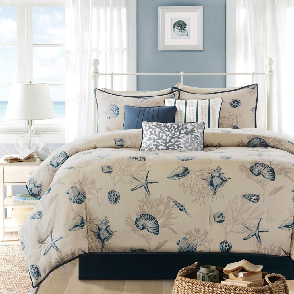 Madison Park 100% Cotton Comforter Set - Coastal Coral, Starfish Design All Season Down Alternative Cozy Bedding with Matching Shams, Decorative Pillow, King(104'x92'), Taupe 7 Piece